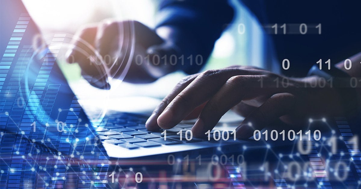 big business data analytics software illustration of hands working on a laptop