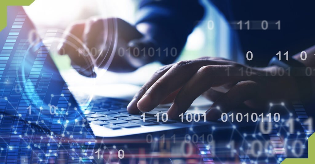 big business data analytics software illustration of hands working on a laptop