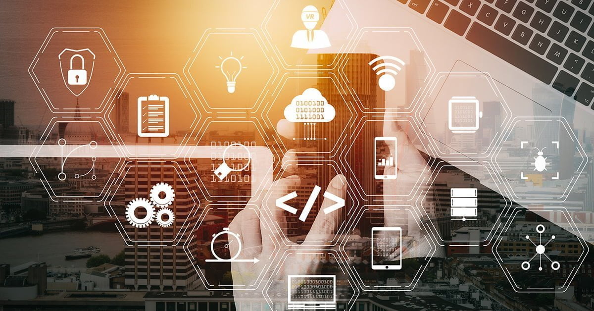 An illustration with icons and devices depicting the acceleration of digital transformation