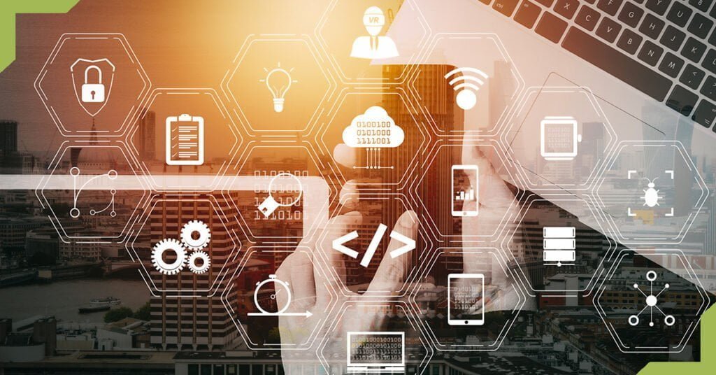 An illustration with icons and devices depicting the acceleration of digital transformation