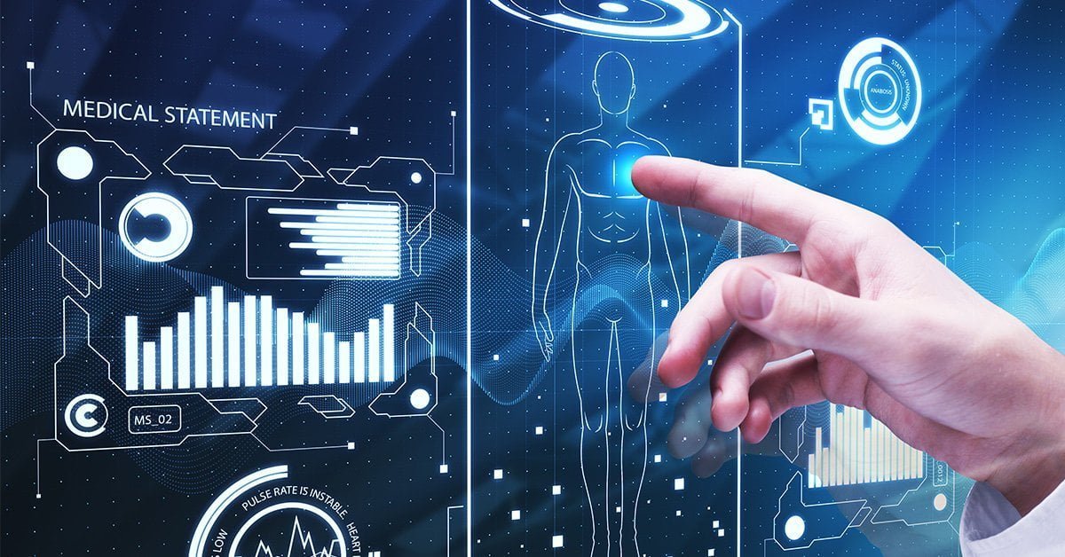 A hand touching a screen with healthcare software charts and medical illustrations