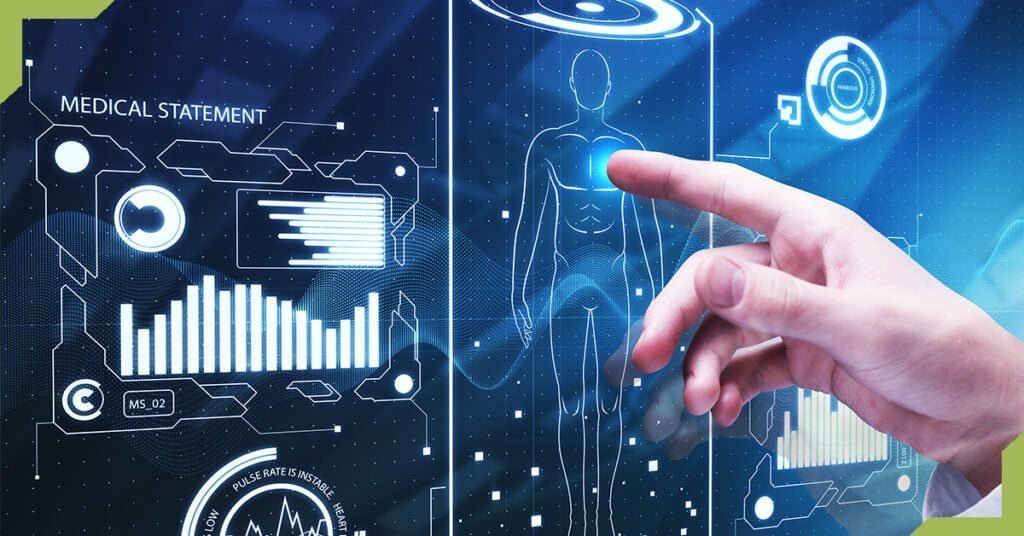 A hand touching a screen with healthcare software charts and medical illustrations