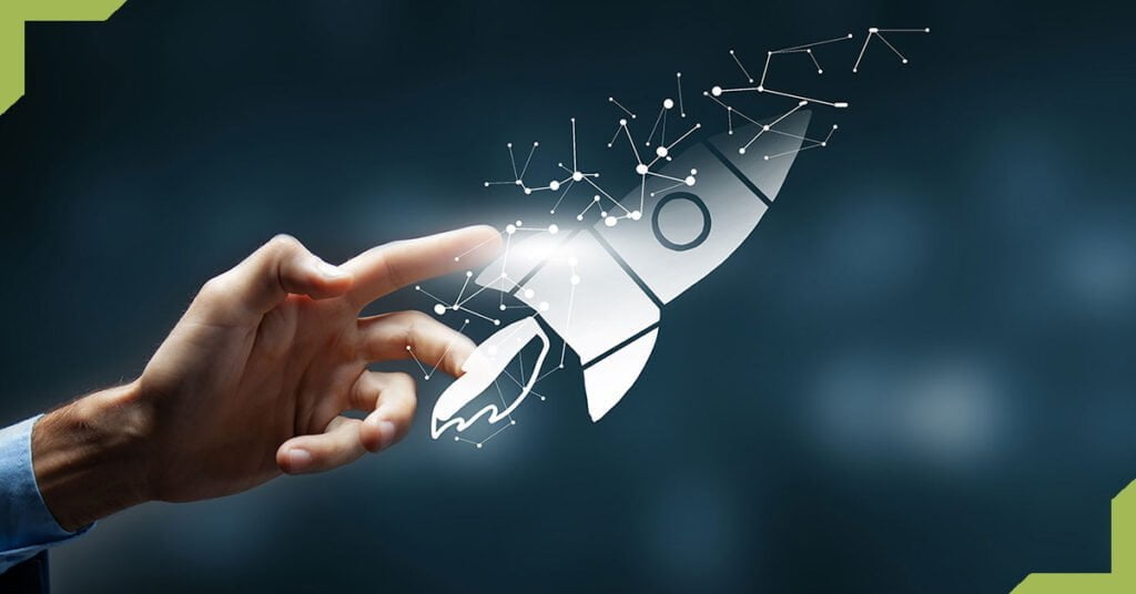 A hand touching a rocket ship illustration to illustrate the concept of scalable software helping drive startup success