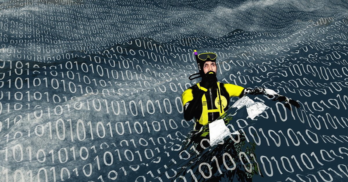 Man swimming in scuba gear in binary computer code to illustrate data lake architecture