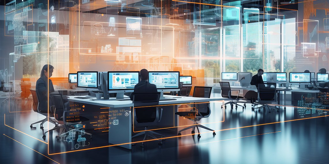 People in an office working on AI software development