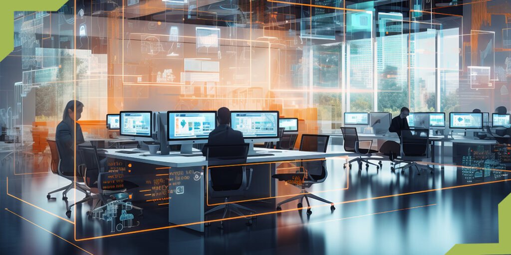 People in an office working on AI software development