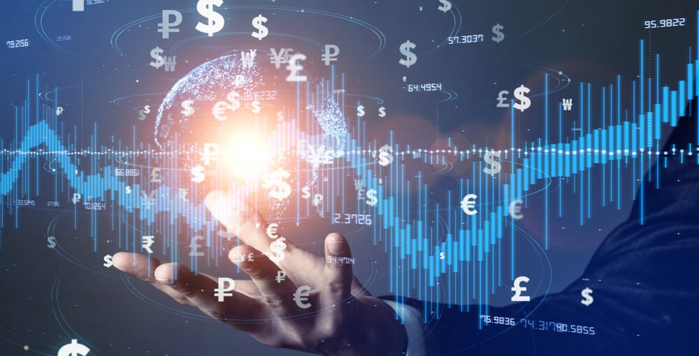graphic illustration of fintech in action with bar charts and money