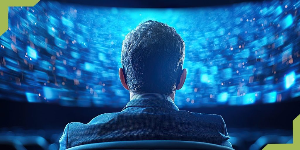 Person sitting in theater, gazing at large screen filled with dynamic blue visuals, creating immersive experience